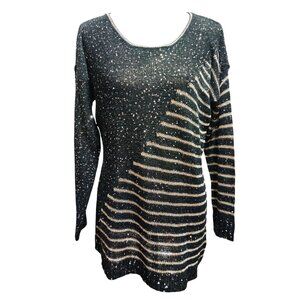 Vintage Escio Black Gold Sequin Stripe Knit Sweater Size M 80s Glam Sparkle Chic